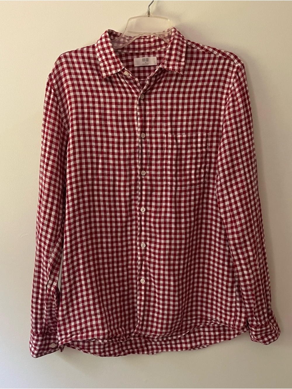 Men's Uniqlo Linen Button Down Shirt Medium Red Gingham Plaid